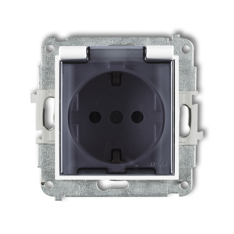 Splash proof socket with the 2P+Z earth SCHUKO mechanism  (shaded transparent cover, with increased contact protection/shutter)